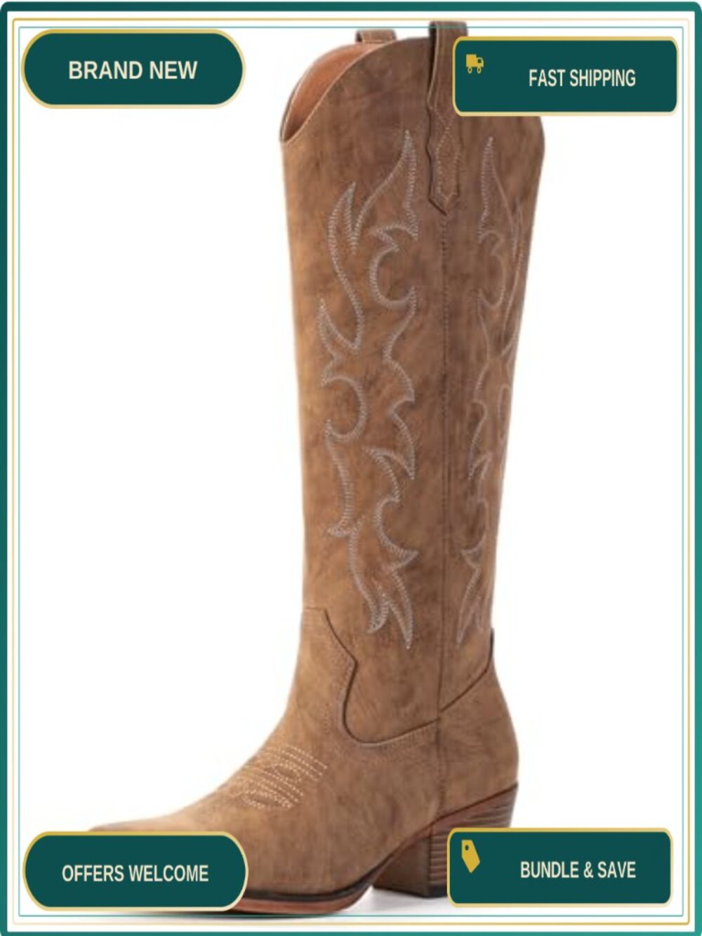 Knee High Cowboy Boots Wide Calf Embroidered Cowgirl Faux Leather